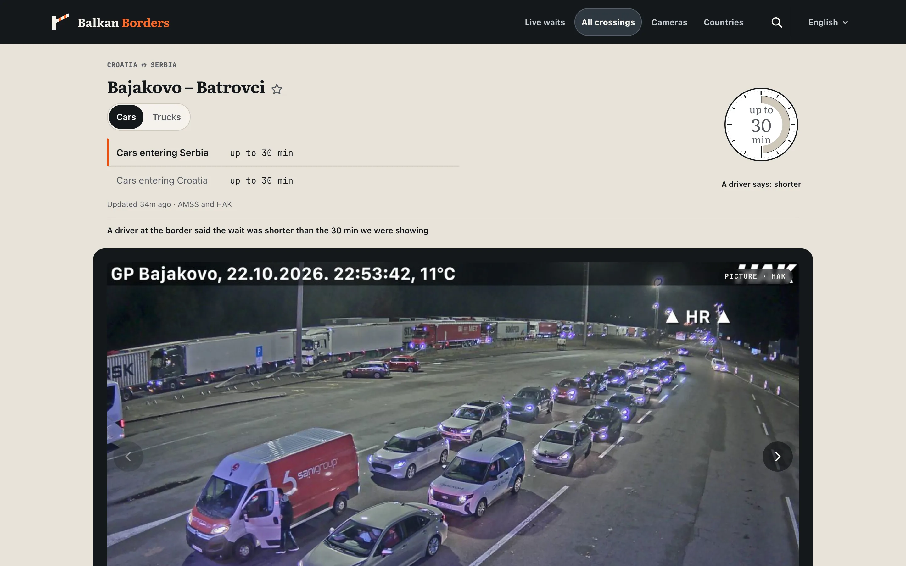 The Bajakovo–Batrovci crossing page: wait per direction, its sources, a driver report and the live HAK camera