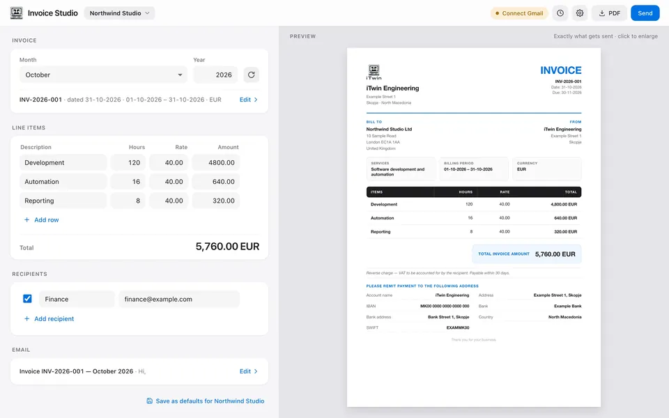 Invoice Studio with sample data: line items on the left, the invoice preview on the right